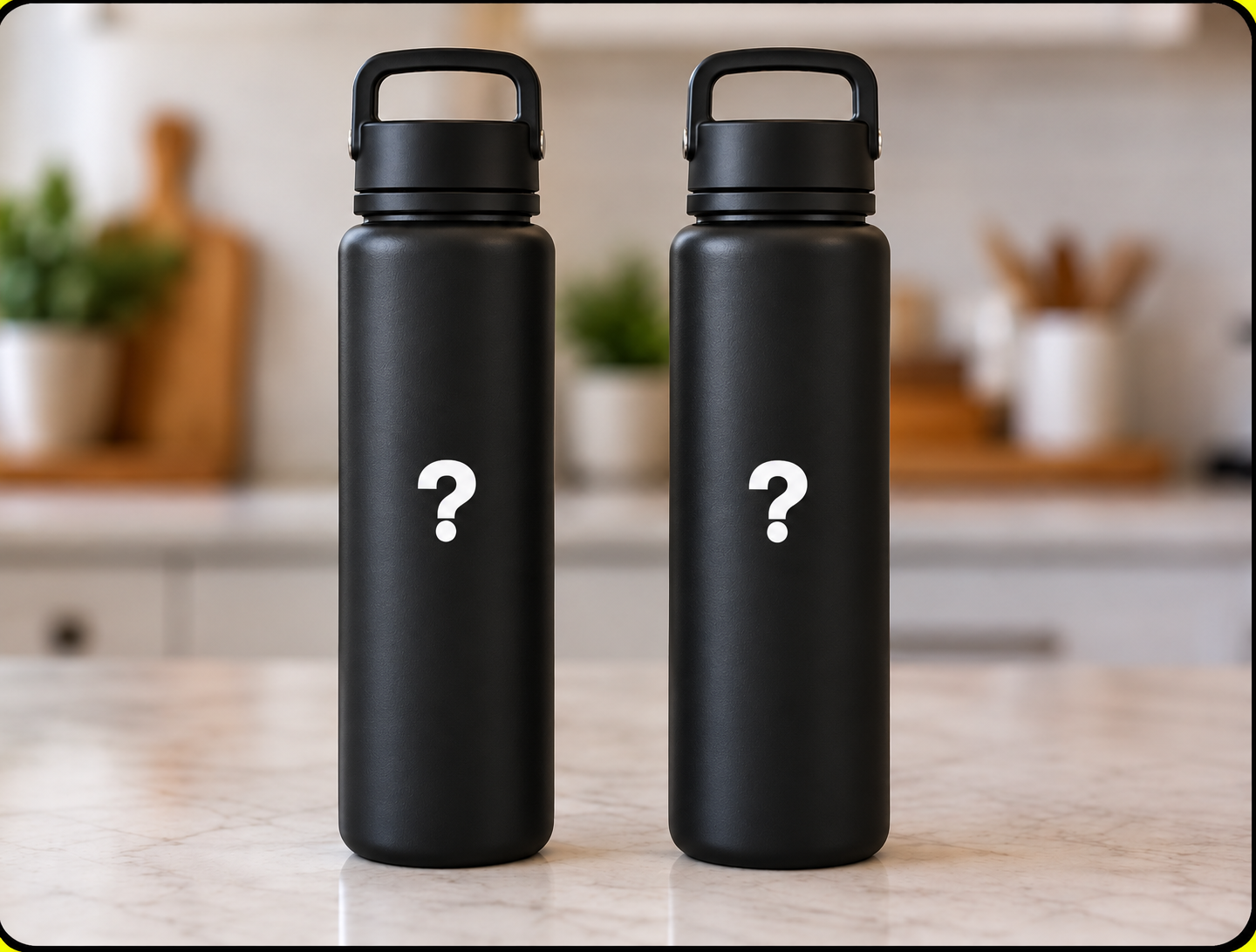 Two identical black water bottles on a kitchen counter, each marked with a question mark instead of a number