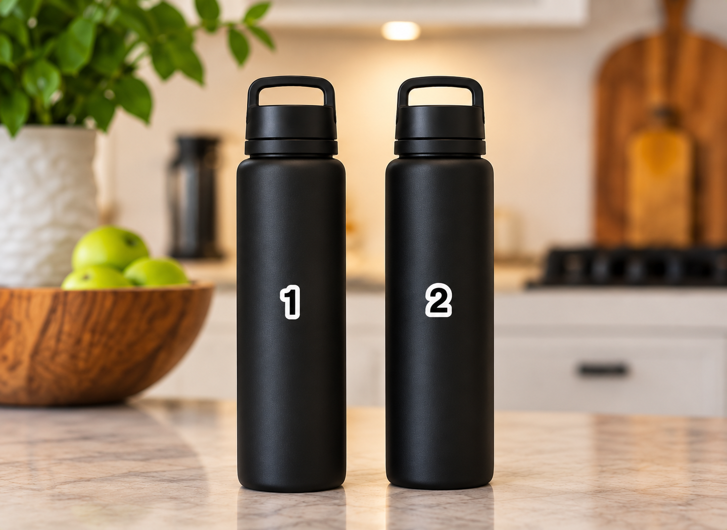 Two matching black water bottles on a kitchen counter, tagged 1 and 2