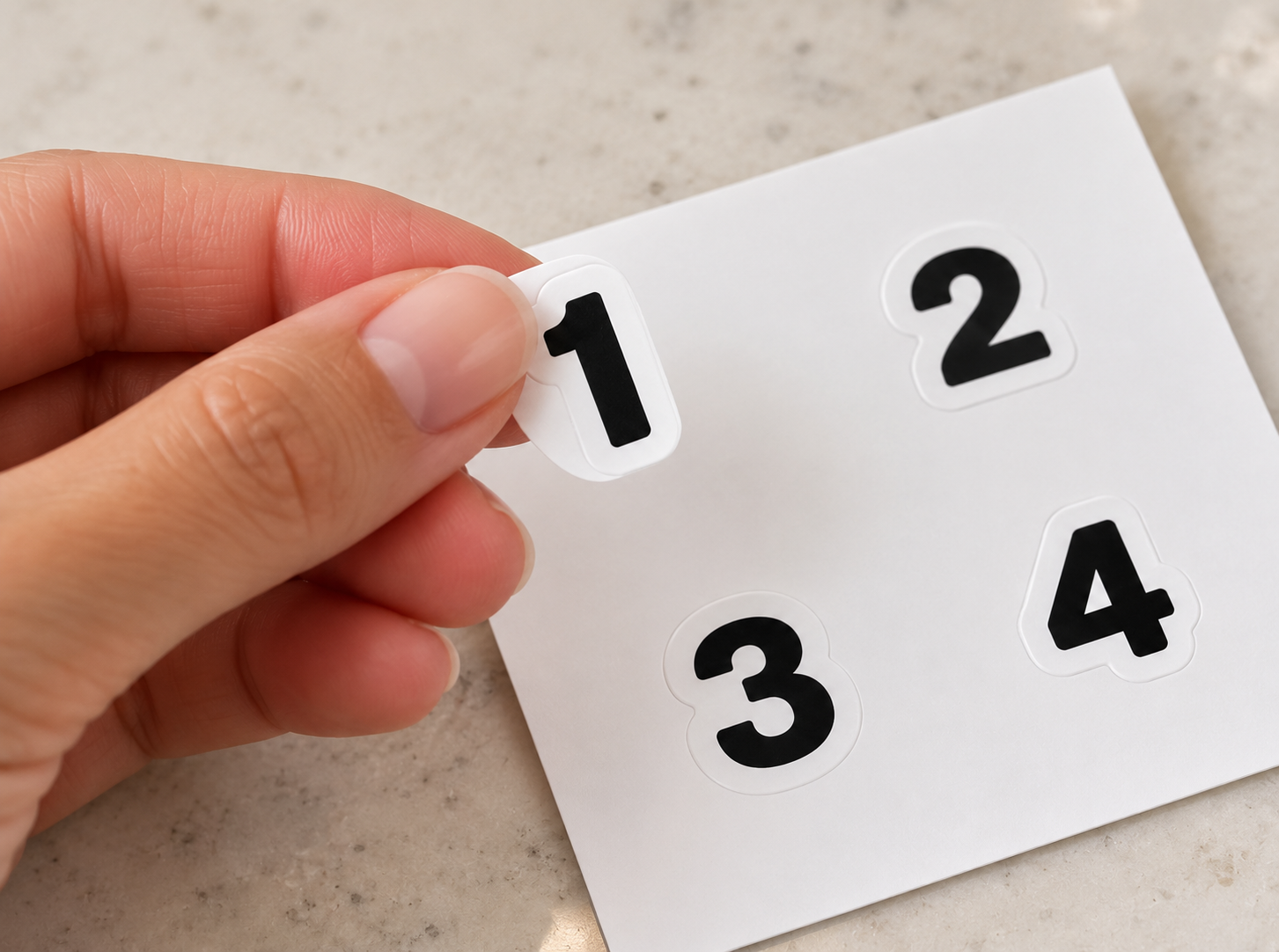 Hand peeling a number 1 sticker off the sheet