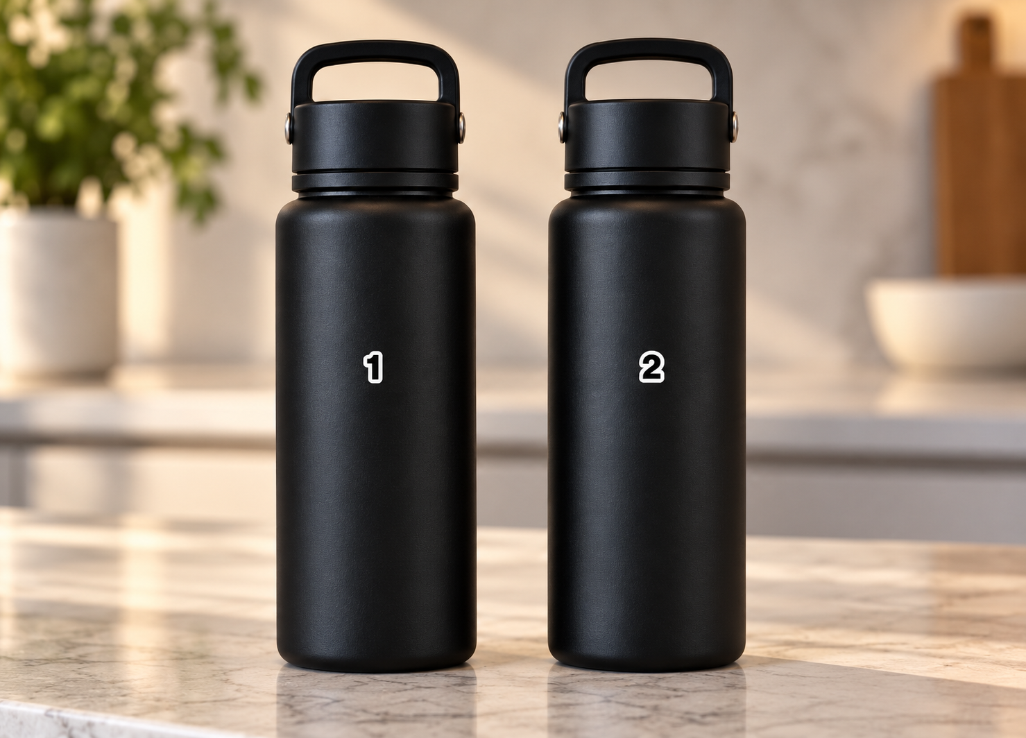 Two matching black bottles tagged 1 and 2 on a marble counter at home