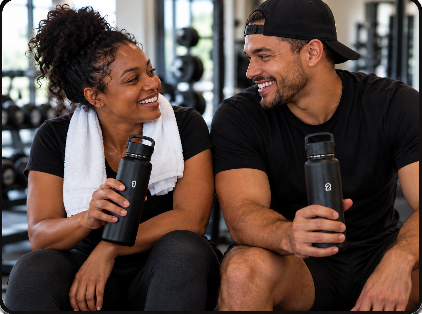 Smiling gym partners each holding a tagged water bottle, 1 and 2
