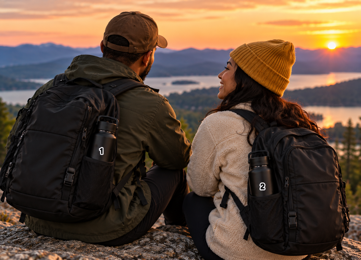 Couple sitting together at golden sunset on a hike, tagged bottles clipped to their packs