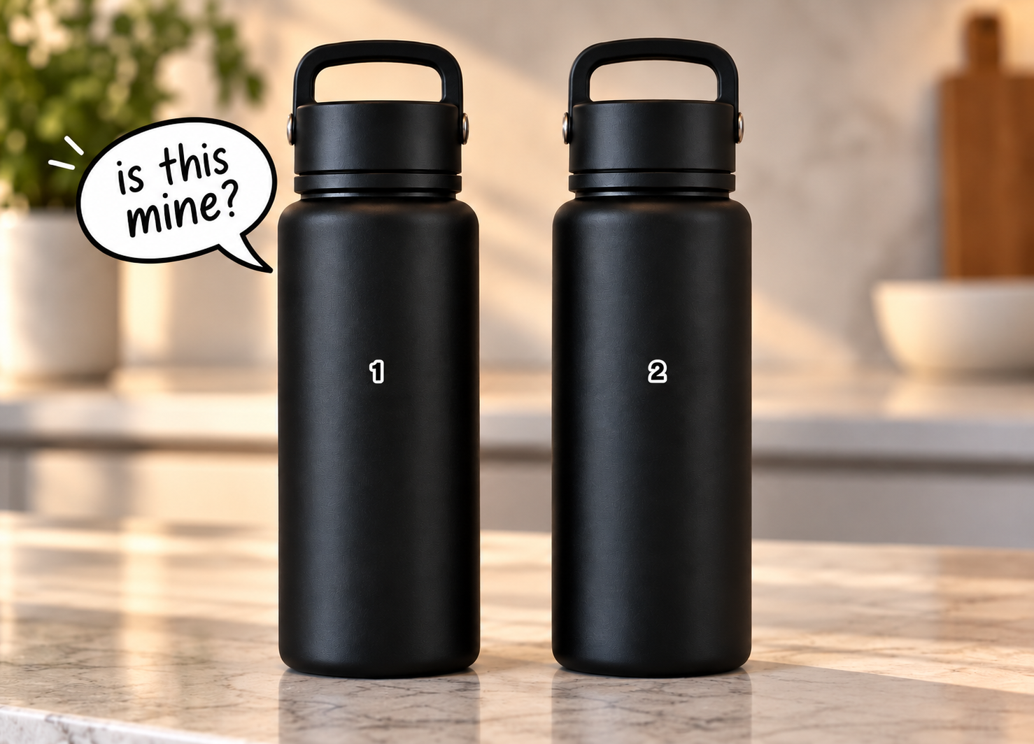 Two matching black bottles, tagged 1 and 2, with a speech bubble reading 'is this mine?'