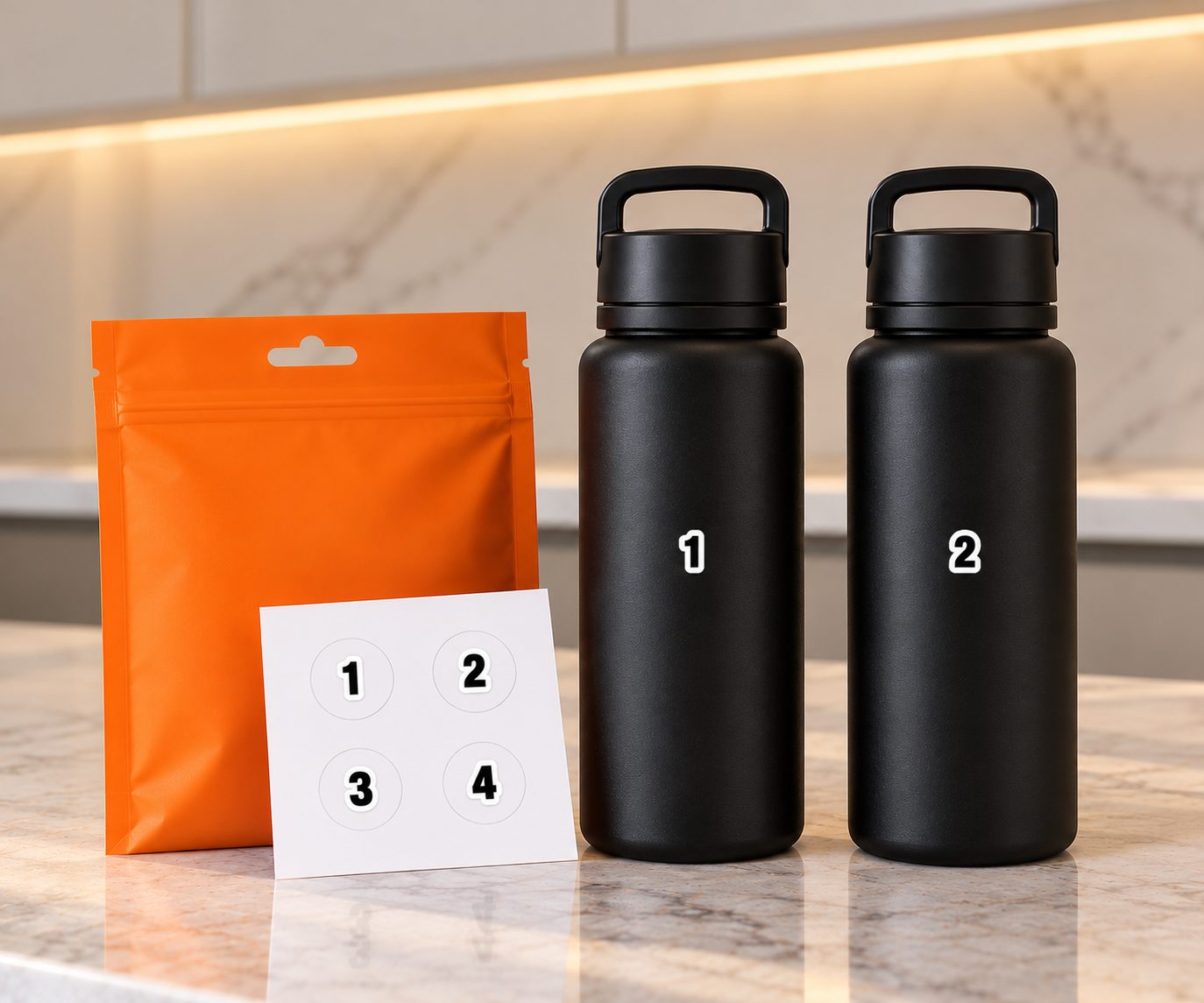 Orange sticker pouch and two matching black bottles tagged 1 and 2 on a kitchen counter